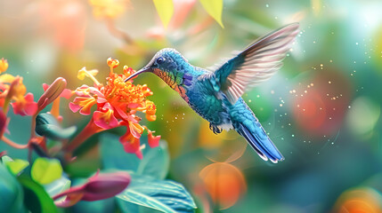 A close-up of a hummingbird's iridescent feathers as it feeds from a flower, highlighting the intricate details and vivid colors in 4K resolution