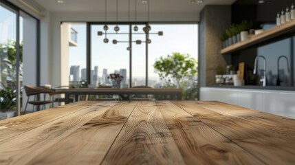 Wall Mural - Wooden table top in a modern kitchen with a blurred background ideal for product display
