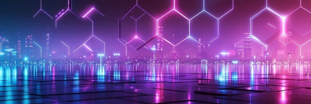 Mesmerizing futuristic cityscape with a minimalistic geometric pattern in vivid neon turquoise and violet hues,reflecting on the water surface for a striking and dynamic urban landscape scene.