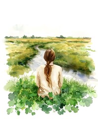 Sticker - AI-generated illustration of a girl sitting by a river amidst lush greenery