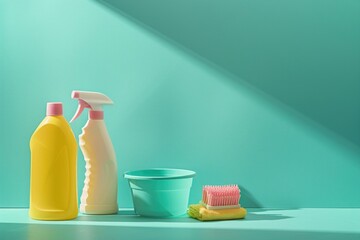 Wall Mural - A bottle of cleaner and a cup with a brush on a table, perfect for cleaning tasks