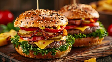 Wall Mural - Gourmet cheeseburger with bacon and fresh vegetables on wooden background