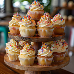 Wall Mural - Delicious cupcakes topped with frosting and sprinkles on a wooden stand