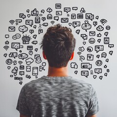 Wall Mural - photo of social media speech bubbles popping out from a person's head/mind. he is happy. he is wearing a gray shirt