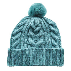 Wall Mural - Knitted Blue Winter Beanie with Pom-Pom Isolated