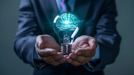 Wall Mural - A businessman holds a light bulb with a brain inside, representing the concept of a business idea.