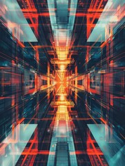 Poster - Minimalistic and symmetrical geometric pattern in vivid neon orange and cyan colors,nested squares with sharp edges,creating a dynamic and futuristic digital of a cityscape with skyscrapers.