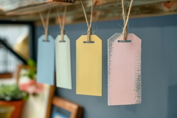 Colorful blank tags on a rustic background