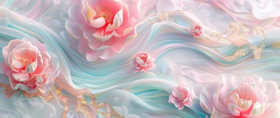 Wall Mural - 3D background with pastel color waves and peonies