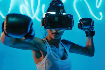 Wall Mural - Fitness studio with AI, metaverse, and boxer woman gaming on blue background. Virtual reality, sports and training with a young female player boxing an online fantasy game for health