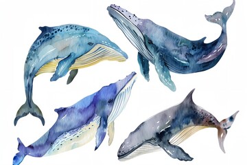 Wall Mural - group of blue whales swimming in the ocean, watercolor illustration on white background