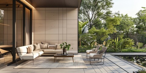 Canvas Print - modern terrace with furniture and plants, cozy summer patio