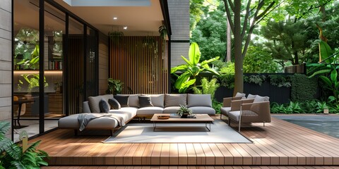 Canvas Print - modern terrace with furniture and plants, cozy summer patio