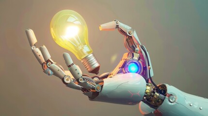 Depicting a humanoid robot's hand adorned with a vibrant bulb in a 3D rendition.