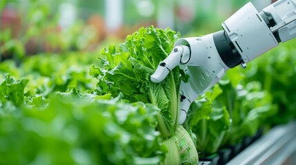 Wall Mural - Smart farming agricultural technology Robotic arm harvesting hydroponic lettuce