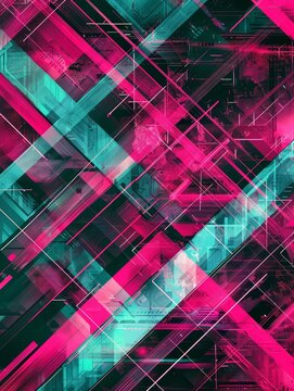 Vibrant,geometric neon pattern with interlocking triangles in bold magenta and turquoise colors,set against a minimalistic,retro-futuristic cityscape scene. The digital painting features a