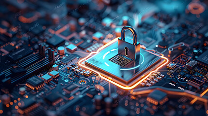 Secure connection or cybersecurity service concept of compute motherboard closeup and safety lock with login and connecting verified credentials as wide banner design