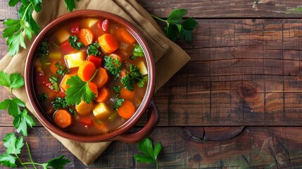 Wall Mural - A bowl of fresh vegetable soup with a sprig of parsley, set against a rustic background with copy space on the left