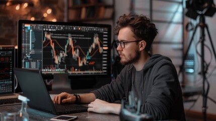 Canvas Print - A man sitting in front of a laptop computer, typing and working on the screen.