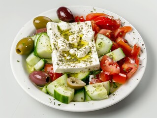 Wall Mural - A plate of Greek salad with feta cheese, olives, and cucumber, with copy space above