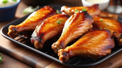 Wall Mural - A close-up of deliciously grilled chicken wings, perfectly charred with a glossy glaze. The wings are garnished with fresh herbs, making them an appetizing sight for any barbecue lover