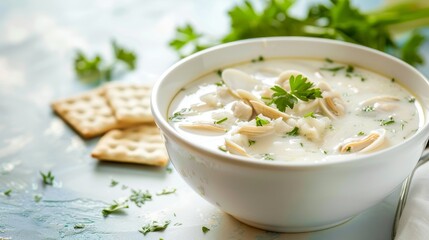 Wall Mural - A bowl of clam chowder with crackers and parsley, set against a bright background with copy space on the left