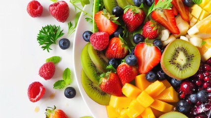 Wall Mural - A vibrant individual meal plan featuring colorful fruits, proteins, and greens on a well-arranged plate