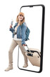 © amedeoemaja - Happy young smiling woman tourist traveling with a trolley suitcase, isolated on white come out of smartphone screen for copy space. Concept of summer holiday, booking online or travel influencer