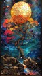 © AlexCaelus - Vibrant stained glass artwork depicting a tree under a full moon. Intricate details and colorful design create a mesmerizing visual effect.