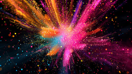 A vibrant explosion of digital particles, creating a dynamic burst of color against a black background. The particles represent data points,