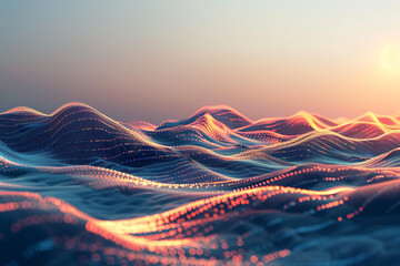 An abstract landscape of digital dunes, with waves of binary sand shifting in the glow of a virtual sun. The scene is tranquil yet alive 