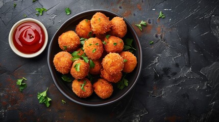 A bowl of crispy fried cheese balls garnished with fresh herbs, accompanied by a small dish of red dipping sauce on a textured dark background.