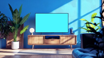 Wall Mural - Modern living room with a blank TV screen on a wooden media console, surrounded by large green plants and illuminated by natural sunlight from a window.