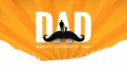 Happy fathers day lettering badge sticker vector illustration. Father's Day poster or banner template with symbol of Dad from mustache. orange abstract background with Dad and son.