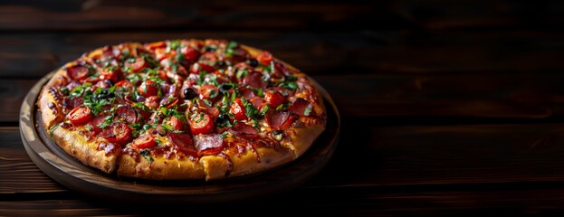 A delicious freshly baked pizza with colorful toppings on a wooden table