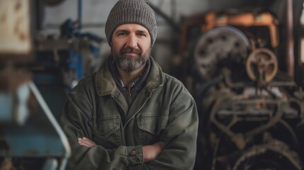 A rugged man wearing a knit hat and green jacket with crossed arms standing in an industrial workshop surrounded by machinery.