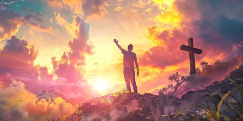 Man Standing on Mountain with Raised Hand at Sunset Near Cross, Vibrant Sky with Dramatic Clouds, Inspirational and Spiritual Scene, Hope and Faith Concept, Uplifting and Motivational Image