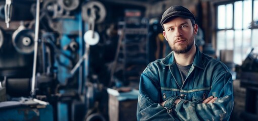 Wall Mural - Bearded man wearing a cap and work clothes standing with crossed arms in a workshop, surrounded by industrial machinery.