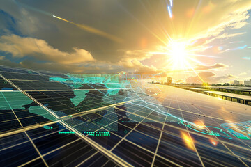 Double exposure of an array of solar panels under the bright sun, blending with a digital map of energy grids, to illustrate how AI and big data optimize renewable energy distribution.