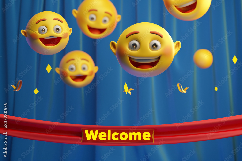 Welcome Expressions Create a 3D luxury yellow emoji with welcoming expressions, floating ...