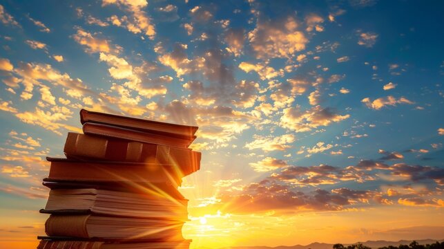 The photo shows a stack of books against a beautiful sunset.