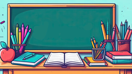 Illustration of a chalkboard, colorful pencils, books and an apple on the teacher's desk. Ideal for Back to School themes, education concepts and learning environments