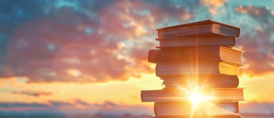 Wall Mural - Stack of books against the background of sunrise.