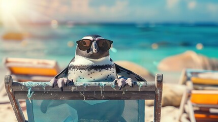 wonderful penguin is on summer vacation at seaside resort and relaxing on summer beach