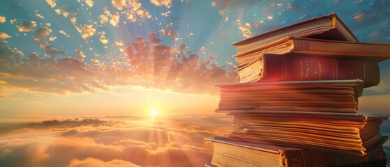 Wall Mural - The photo shows a stack of old books against the backdrop of a beautiful sunset.
