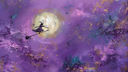 Wall Mural - Wicked witch on a broomstick soaring through a moonlit sky on a mystical purple canvas.