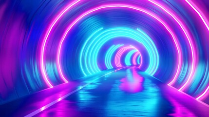 Wall Mural - A futuristic tunnel illuminated with vibrant neon lights in shades of blue and pink, creating a glowing and reflective pathway.