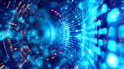 Abstract digital tunnel with binary code and glowing lights in blue tones, representing data transmission and futuristic technology.