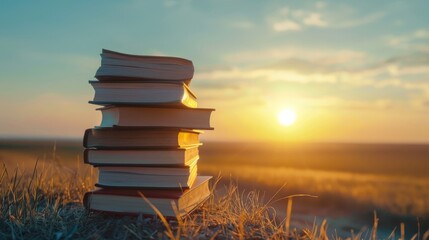Wall Mural -  book ,knowledge development, wide lens, inspiring future. Educational growth, stack of books, sunrise backdrop, 