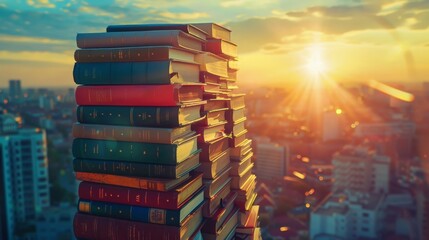  book ,knowledge development, wide lens, inspiring future. Educational growth, stack of books, sunrise backdrop, 